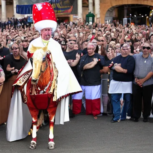 Prompt: guy fieri dressed as the pope, standing on a horse, the horse is staring at him, the crowd is filled with muppets, award winning photo,