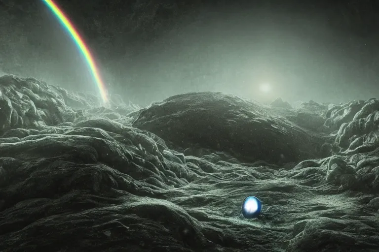 Image similar to the crypt hollow world of the summoner mountain,with crowd of orbs protesting, and with the black hole rainbow event horizon in the sky, by Anton Semenov, trending on artstation, low light, dark rainbow, narrative realism,f22,highly detailed,v-ray render,photorealistic,4k hd wallpaper