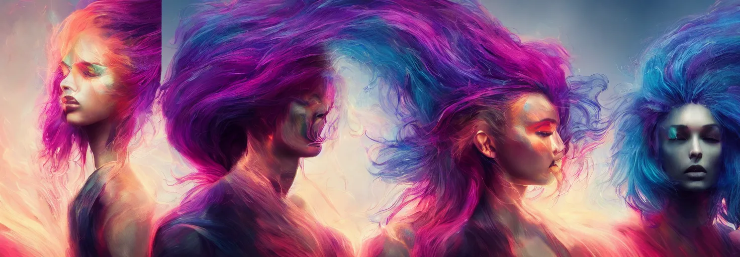 Image similar to album art two people back to back connected by their spiral hair bold colors, epic lighting, minimal background Greg rutkowski