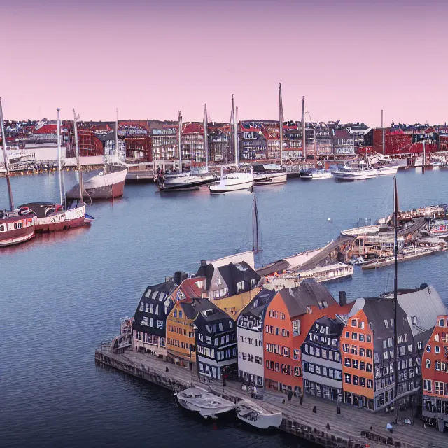 Image similar to copenhagen denmark with new england colonial buildings on a harbor, pink ice cream mountain in the distance, cinematic, volumetric, realistic, cinematic lighting, ray tracing, unreal engine 5, octane render, hyper realistic, photo, 8 k