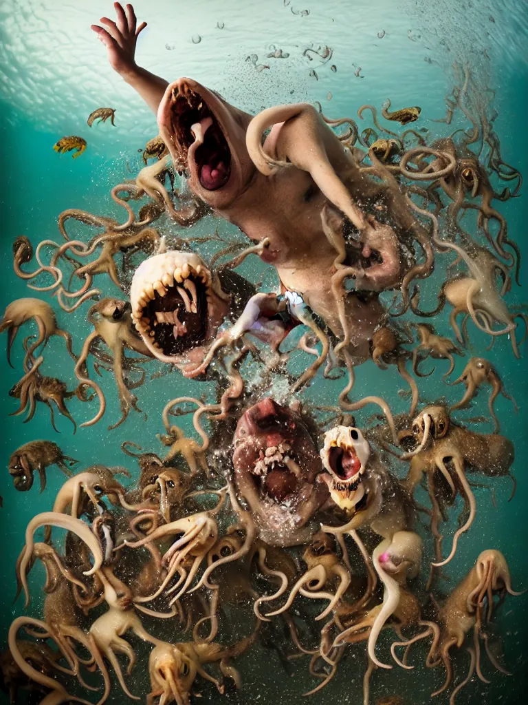 Prompt: a formal portrait photograph of a screaming man in the squally ocean swarmed by squids, dogs, baboons, and squirrels, the man's mouth is stuffed with bones and the water foams all over the gaff