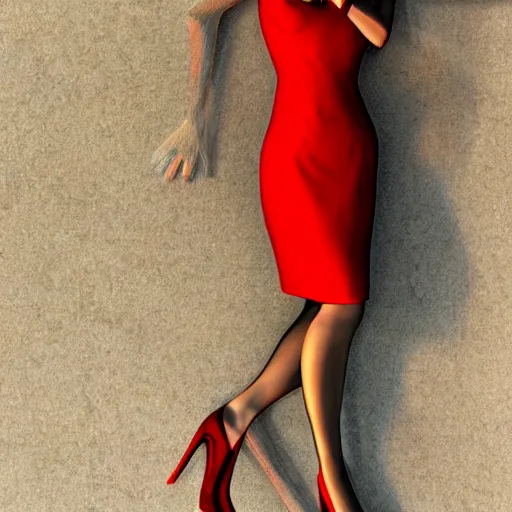 Prompt: woman, red short dress, black hair, by milo manara, 3 d render, red high heels, face, house, milo manara illustration