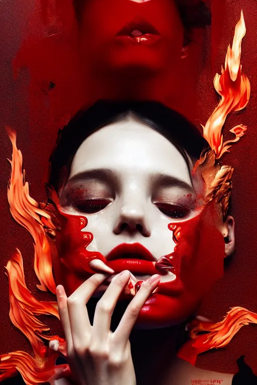 Prompt: 3 d, crying fashion model, flame, liquid black and red water, night, vogue cover style, poster art, high detail, intricate oil painting, multiple exposure, heaven mood, hyperrealism, 3 d, by tooth wu and wlop and beeple and greg rutkowski