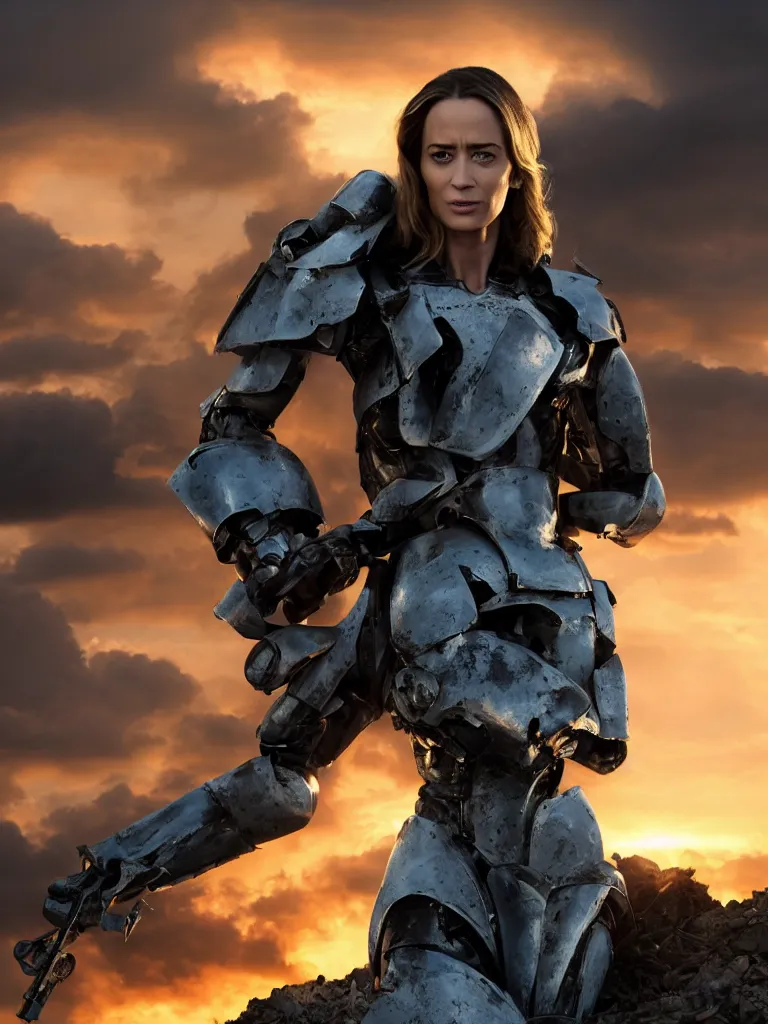 Prompt: emily blunt in futuristic power armor, close up portrait, solitary figure, standing atop a pile of rubble, holding a sword on her shoulder, sunset and huge cumulus clouds behind her