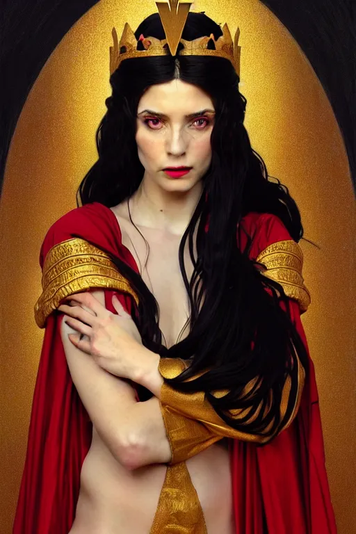 Image similar to Portrait of historically accurate, ancient biblical, sultry, sneering, evil, pagan, wicked, young queen jezebel, wearing gilded red robes, long black hair, intricate, elegant, highly detailed, digital painting, artstation, concept art, smooth, sharp focus, illustration, art by artgerm and greg rutkowski and alphonse mucha and andrei riabovitchev