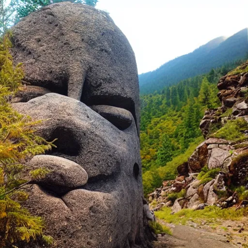 Image similar to a mountain side with the face of pippi carved into the rock