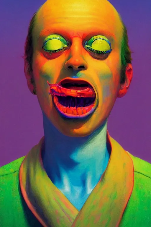 Prompt: a colorful vibrant closeup portrait of a opera singer licking a tab of lsd acid on his tongue and dreaming psychedelic hallucinations, by moebius, edward hopper and james gilleard, zdzislaw beksinski, steven outram colorful flat surreal design, hd, 8 k, artstation