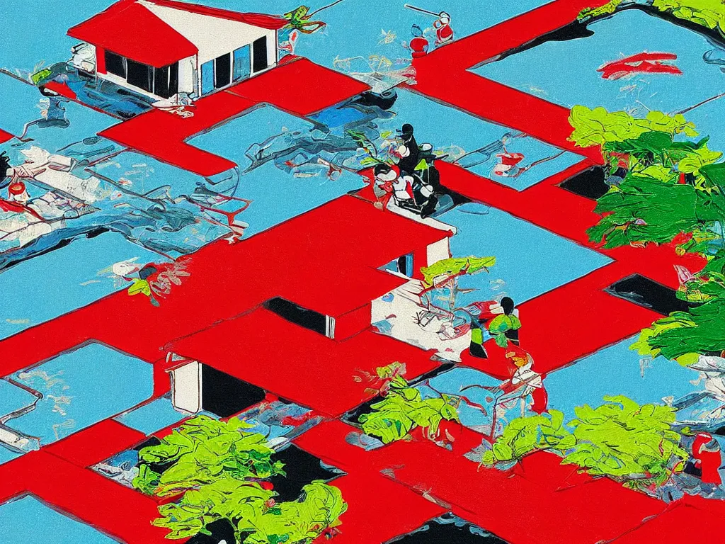 Image similar to close - up image of a japanese red house with a pond, with stormtroopers sitting around it, pop - art style, the style of andy warhol, roy lichtenstein and jackie tsai, bright and saturated palette, acrylic on canvas