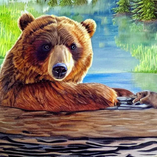 Prompt: grizzly bear cub chilling in a hot tub, calming, nature, painting, bob ross.