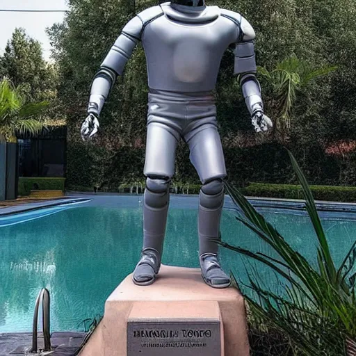 Prompt: “a realistic detailed photo of a guy who is an attractive humanoid who is half robot and half humanoid, who is a male android, baseball player Mike Trout, shiny skin, posing like a statue, blank stare, by the pool, on display”