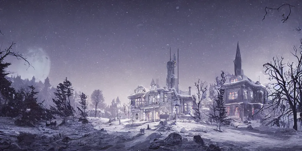 Image similar to haunted mansion on a snowy hill by simon stalenhag, matte painting