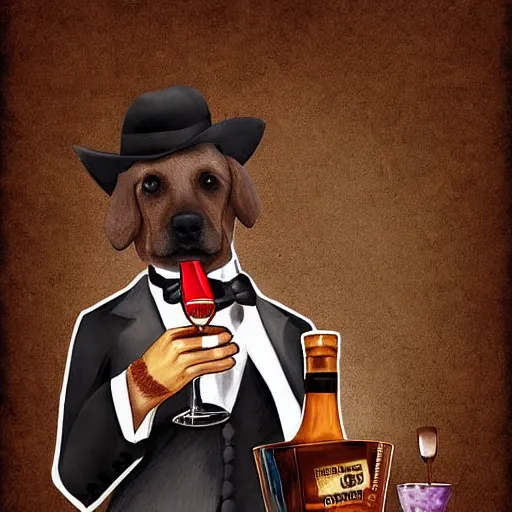 Prompt: dog holding a cigar and a glass of whiskey! Hight detailed Digital art
