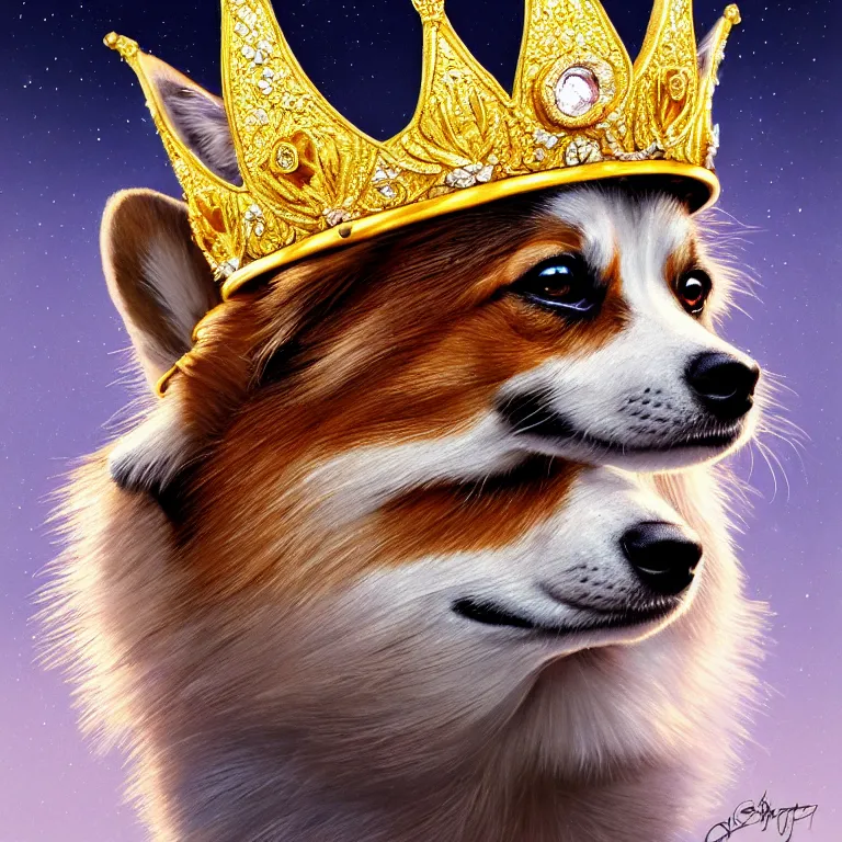 Image similar to highly detailed illustration of a portrait of a regal corgi wearing a jeweled golden crown, artstation, cinematic lighting, hyperdetailed, cgsociety, 8k, high resolution, by John Philip Falter, Art Nouveau, insanely detailed and intricate