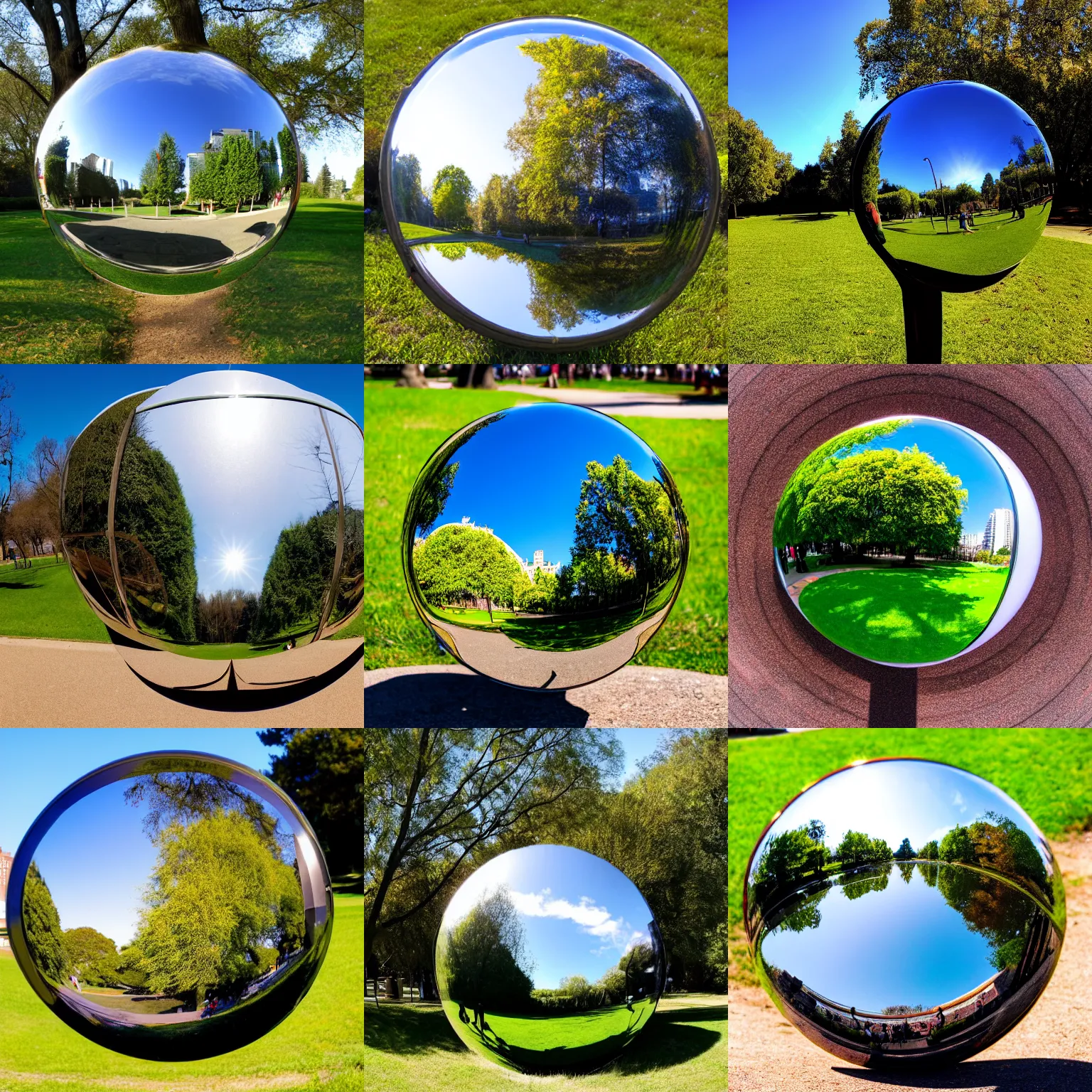 Prompt: spherical mirror in the park, beautiful sunny day, 4 k