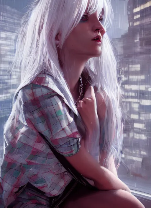 Image similar to white haired girl in a miniskirt sitting on a window, plaid skirt, cyberpunk, expressive oil painting, night, highly detailed, trending on artstation, octane render, beautiful detailed face, vivid colors