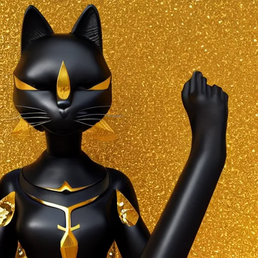 Image similar to a black cat wearing a gold armor outfit, a character portrait by hanns katz, shutterstock contest winner, afrofuturism, sci - fi medieval fantasy, 3 d render