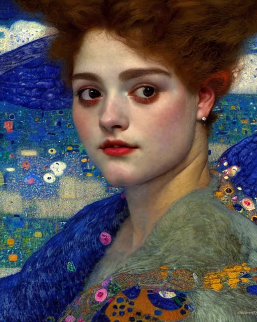 Image similar to a close up of beautiful girl flying through the clouds surrounded by colourful intricate patterns, by gustave klimt edgar maxence and caravaggio and michael whelan, intricate painting, hyper realistic, extremely detailed and beautiful aesthetic face, 8 k resolution