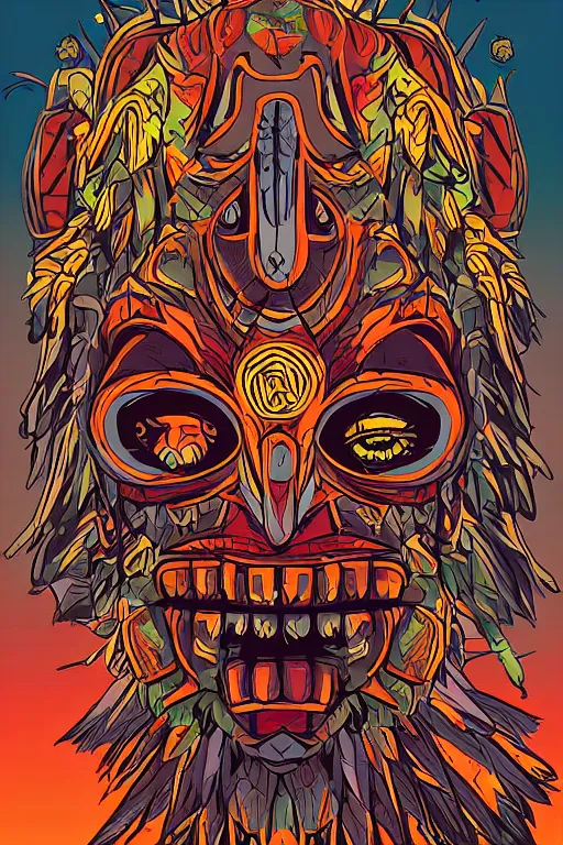 Image similar to totem animal mask tribal feather gemstone plant wood rock shaman vodoo video game vector illustration vivid color borderlands by josan gonzales and dan mumford radiating a glowing aura