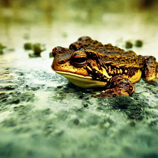 Image similar to deep camouflage angry toad evil eyes poking out eyes from under the water ultra sharp blur background simple background deep brown orange staring into camera poster art full brown national Geographic