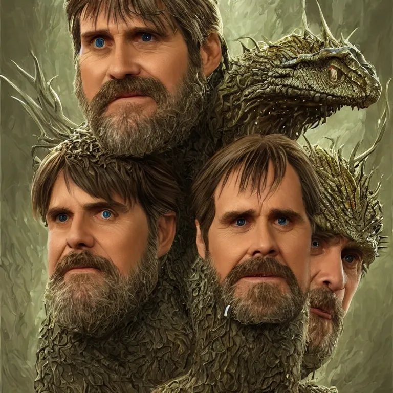 Image similar to hydra of lerna with two heads, one head is jim carey as lloyd christmas, the other head is jeff daniels as harry dunne ( from dumb and dumber ), serpentine water monster, d & d, fantasy, portrait, highly detailed, digital painting, trending on artstation, concept art, sharp focus, illustration, art by artgerm and craig mullins