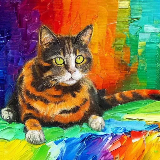 Image similar to palette knife oil painting of a cat sitting on a rainbow
