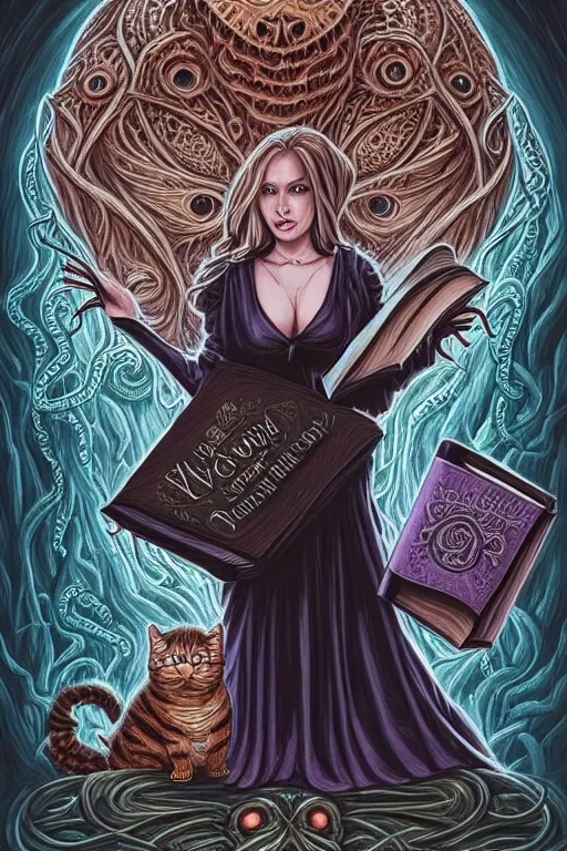 Image similar to trump illustration of romantic girl, her cat and her book of necronomicon, symmetrical, cinematic, sharp focus, 4 k, ultra hd, sense of awe, sinister demonic atmosphere, dreadful, forbidden knowledge, old gods, cthulhu, yog - sothoth! yah, yah, yah! cultist journal cover