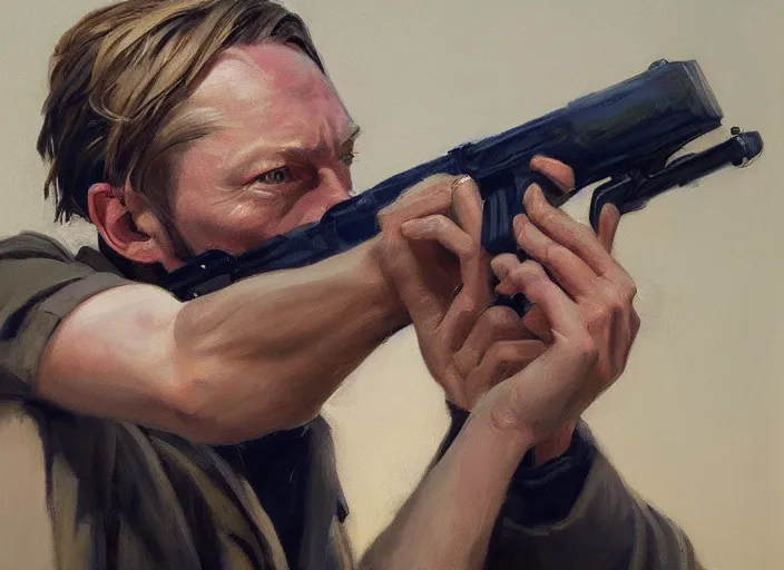 Image similar to a highly detailed beautiful portrait of thom yorke with a gun, by gregory manchess, james gurney, james jean