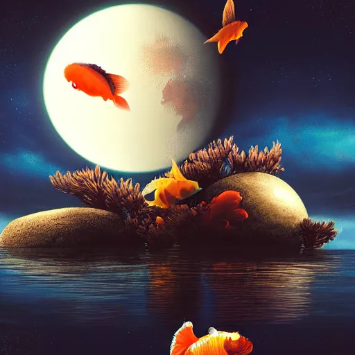 Prompt: a sphere aquarium with two cute koi fish. the aquarium is floating in space, in the size of a planet. the moon is seen in the background. illustration, realistic, by greg rutkowski and ash thorp, vivid colors, detailed, trending on artstation, high quality, cinematic