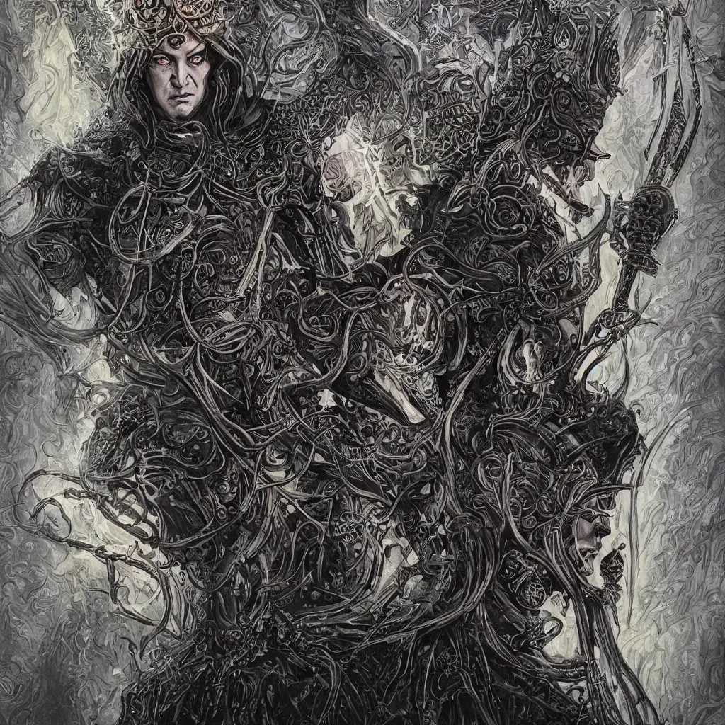 Image similar to A dramatic full color art nouveau bust portrait of Elric of Melnibone in black detailed armor, holding a rune-engraved black broadsword glowing with eldritch power, wearing an intricately hyperdetailed eyeball star chaos crown, by Travis Charest, P. Craig Russell, Michael Kaluta and Jia Ruan, fantasy, crisp lighting and edges, dark ambience, malevolent expression, determination, fear, confidence, accurate symmetrical facial details, aquiline facial features, medieval fantasy designs, white wolf