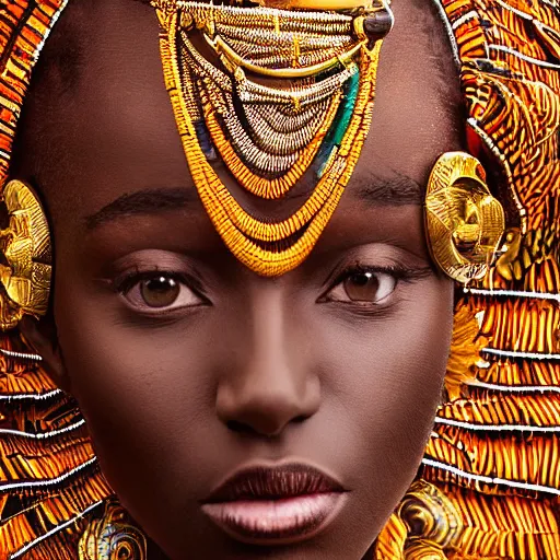 Prompt: vintage portrait of a stunningly beautiful west african tribal queen female, depth of field, zeiss lens, detailed, symmetrical, centered, fashion photoshoot, by edward s curtis, Annie Leibovitz and Steve McCurry, David Lazar, Jimmy Nelsson, Breathtaking, 8k resolution, extremely detailed, beautiful, establishing shot, artistic, hyperrealistic, beautiful face, octane render