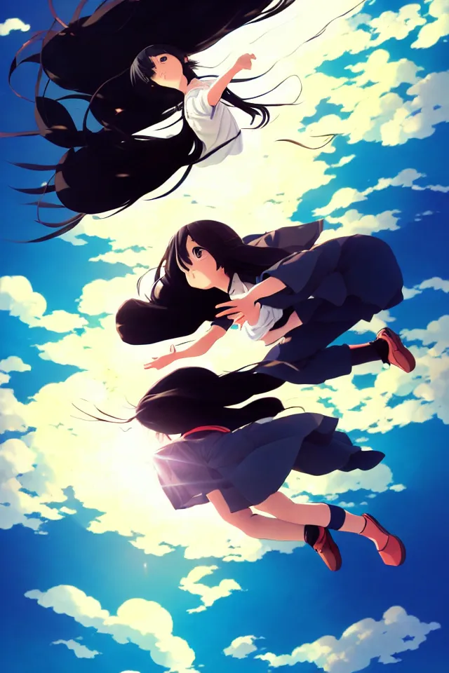 Prompt: anime visual, full body portrait of a young black haired girl flying in the sky, cute face by yoh yoshinari, katsura masakazu, dramatic lighting, dynamic pose, dynamic perspective, strong silhouette, ilya kuvshinov, moody, detailed