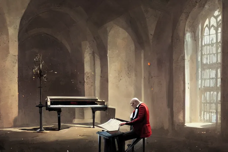 Image similar to an expressive portrait of agent 4 7 playing the piano in a monastery, dark background, red rim light, digital art, artstation, concept art by giger stalenhag