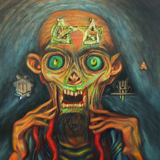 Image similar to portre of an autistic demon on acid, masonic and kabalistic symbols in background, oil painting