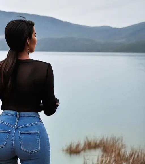 Image similar to rear shot film still of kim kardashian wearing high waist jeans, standing by a lake, intricate, elegant, highly detailed, smooth, sharp focus.