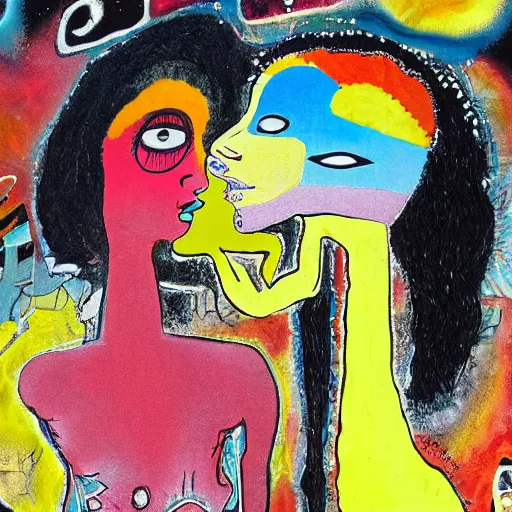 Image similar to beautiful painting of two bizarre psychedelic women kissing each other closeup on an alien planet, speculative evolution, mixed media collage by basquiat and junji ito, magazine collage art, paper collage art, sapphic art, lesbian art