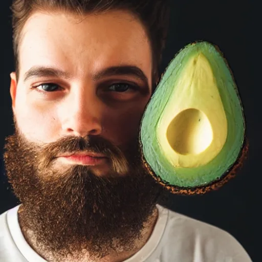 Image similar to studio photo of bearded person made of avocado, wearing avocado hood, portrait, close - up