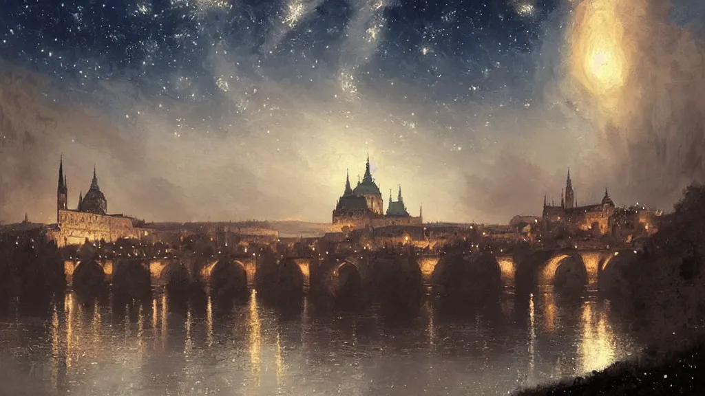 Prompt: a beautiful painting of a view from the river of a arabian prague cathedral palaces, at night with a sky full of stars, intricate, elegant, highly detailed, digital painting, artstation, concept art, by krenz cushart and artem demura and john williams waterhouse
