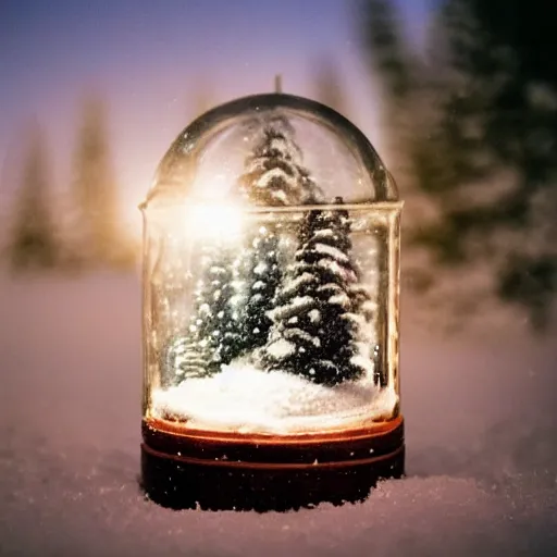 Prompt: a tiny wooden cottage with warm lights in the snow inside a terrarium bottle.