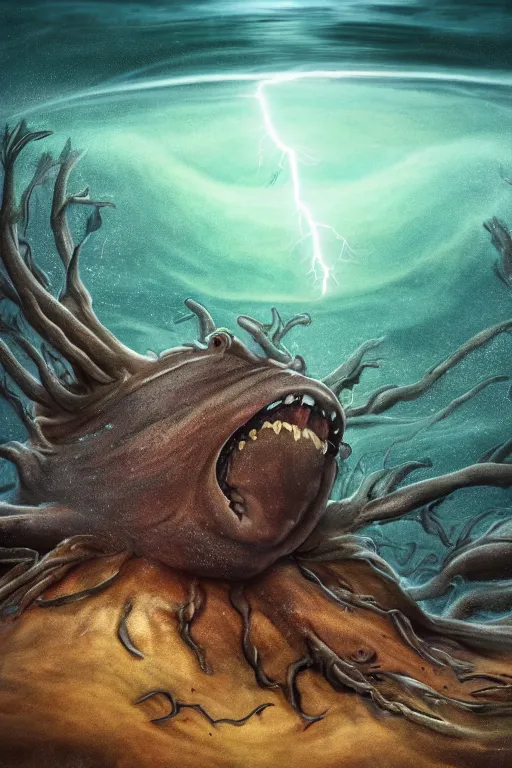 Image similar to high resolution photo of an obese giant fighting sea creature, splash, sand, earth, shells, tree roots, dark clouds, foliage, veins, lightning, big muscles, sweat, slime, troll, fishlike, gills, dragonlike, grown together, overgrown, electronic wires, god rays, dark, skin, plastic wrap,