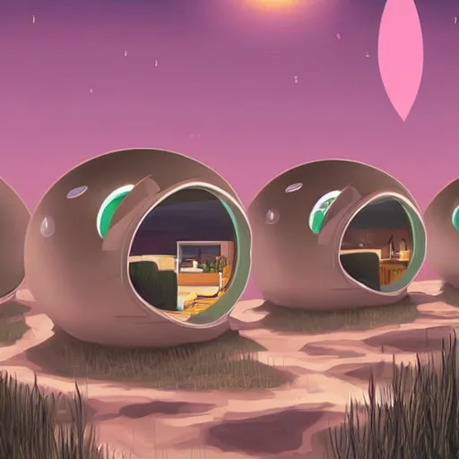 Image similar to beautiful happy picturesque charming organic futuristic sci - fi town of pod homes integrated in nature. beautiful light. grainy and rough. soft colour scheme. beautiful artistic vector graphic design art by lurid. ( 2 0 2 2 )