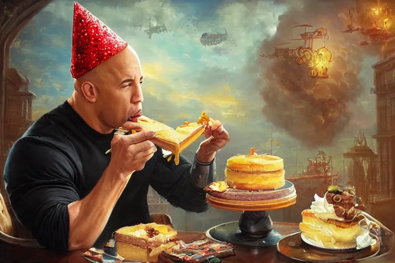 Image similar to portrait of vin diesel eating cake alone wearing a birthday hat, an oil painting by ross tran and thomas kincade