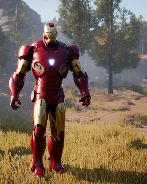 Image similar to robust and bulky iron man suit in red dead redemption 2, cinematic, photorealistic