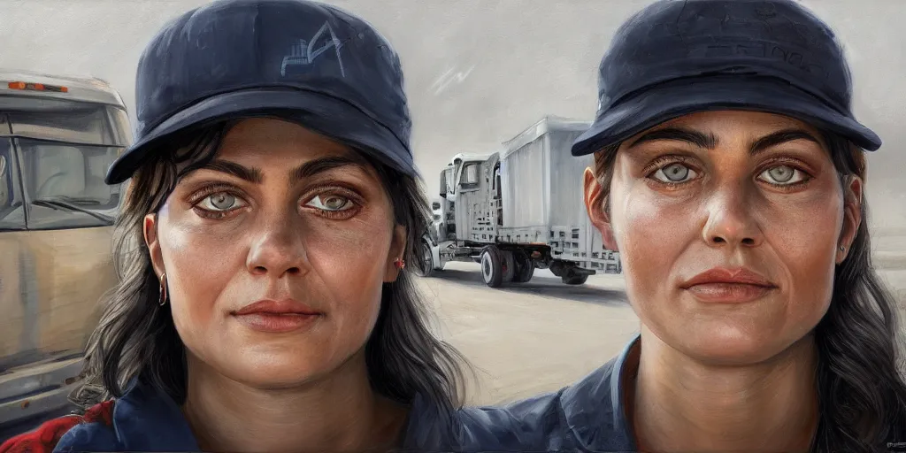 Image similar to highly detailed portrait painting of truck driver and angelina joile, perfect symmetrical eyes, by eddie mendoza and tyler edlin, 8 k resolution