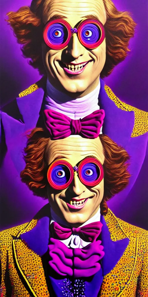 Prompt: An extremely psychedelic illustration of willy wonka smiling with his eyes closed in a ornate psychedelic tuxedo, surreal, LSD, happy dreaming face, detailed, intricate, elegant, lithe, highly detailed, digital painting, artstation, full body, character concept art, smooth, sharp focus, illustration, art by Jason Edmiston