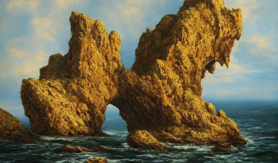 Prompt: romantic! dramatic, painting of the rocher perce!!! with two arches!!!, by carlos de haes!