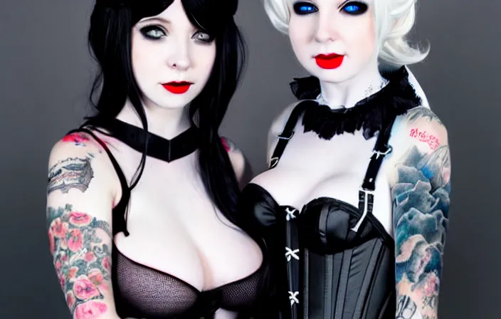 Image similar to two beautiful pale skin cosplay girls, gray eyes, black hair, fully tattooed body, fishnet corset with choker, clothes fully on, symmetrical, beautiful detailed face, masterpiece, paint by stanley lau