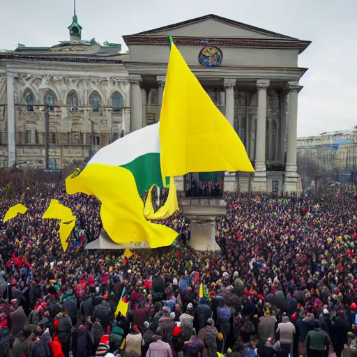 Prompt: a crowd of people with ukrainian flags bring down statue of vladimir lenin, leica sl 2 5 0 mm, dslr, vivid color, high quality, high textured, real life