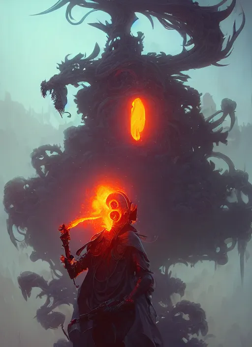 Image similar to highly detailed reaper consumed by smoke, tooth wu, unreal engine, fantasy art by greg rutkowski, loish, rhads and lois van baarle, ilya kuvshinov, rossdraws, tom bagshaw, alphonse mucha, global illumination, detailed and intricate environment