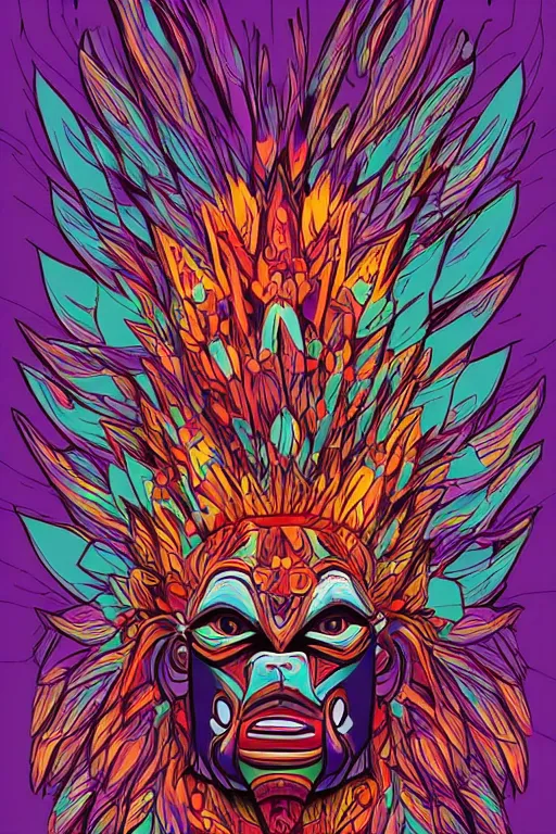 Image similar to totem animal mask tribal feather gemstone plant wood rock shaman vodoo video game vector illustration vivid multicolor borderlands comics by josan gonzales and dan mumford radiating a glowing aura