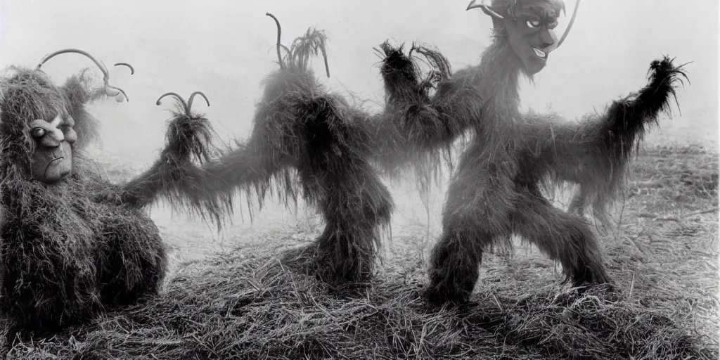 Image similar to 1 9 2 0 s photography of krampus hay monster burning, dolomites